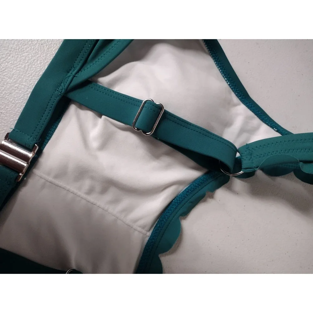 Charmo Teal Green Scalloped Bikini Top Adjustable Straps UPF 50+ Small
